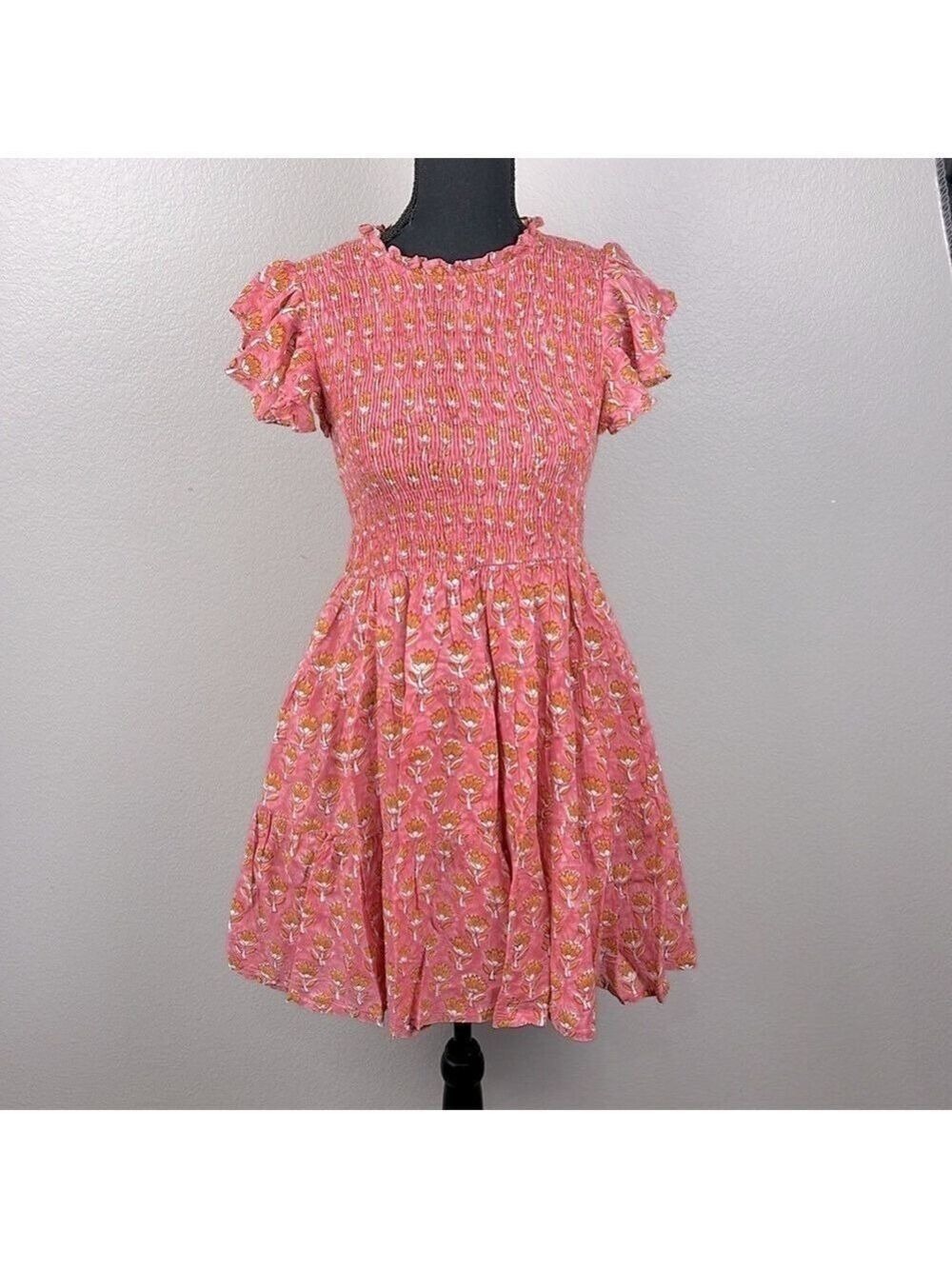 J. Marie Elena Smocked Dress Flutter Sleeves Floral Ruffle Pockets Prairie  S